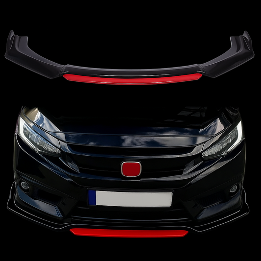 Gloss Black Front Lip Splitter-4-Piece Universal Set with Red/Black Lip | Durable ABS Plastic