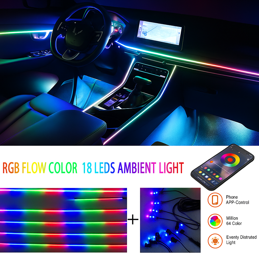 18 PCS Dynamic Ambient Lights | 18-in-1 LED Car Interior Lights with APP Control