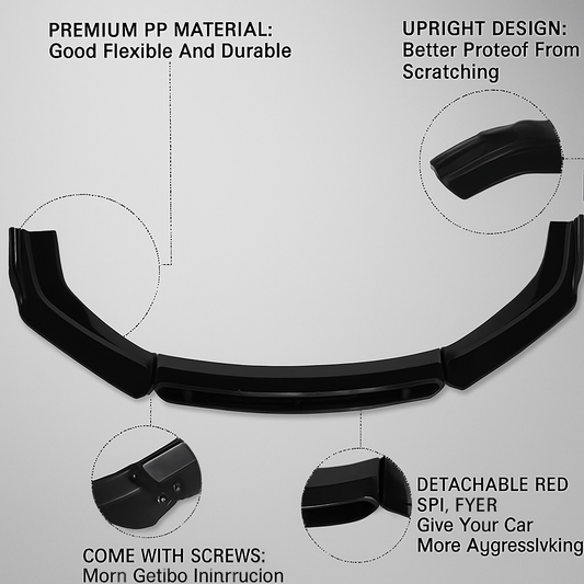 Gloss Black Front Lip Splitter-4-Piece Universal Set with Red/Black Lip | Durable ABS Plastic